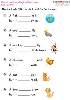 MamaLovePrint . Grade 1 English Worksheets . Basic Grammar (Can, Cannot) PDF Free Download Class 1 English, Free English Worksheets, Worksheets For Class 1, Basic Grammar, English For Beginners