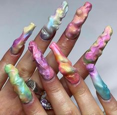 Sculptured Nails Acrylic, 3d Squiggle Nails, Cringe Nails, Aura Nails With 3d Design, Weird Girl Nails, Nail Acrylic, Rainbow Sherbet