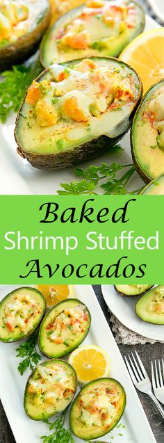 baked shrimp stuffed avocados on a white plate