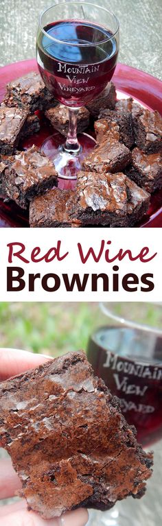 red wine brownies on a plate with a glass of wine in the background and text overlay reading red wine brownies