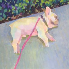 a painting of a white dog with a pink leash