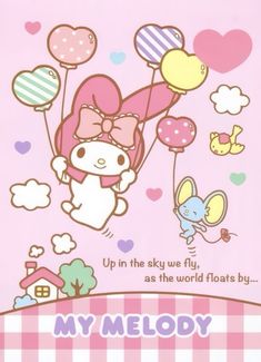 an image of hello kitty with balloons in the sky on her birthday greetings card