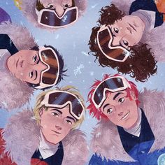 four people wearing ski goggles and winter coats, all looking up at the sky