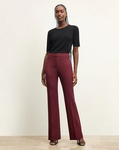 Horton Pant - Washable Wool Twill :: Shiraz – M.M.LaFleur Chic Career Pants For Fall, Fitted Office Chic Pants For Workwear, Chic Wide Leg Dress Pants For Career, Stretch Pantsuit For Formal Occasions In Fall, Elegant Wide-leg Career Pants, Elegant Wide Leg Career Pants, Elegant Stretch Wide Leg Pants For Office, Fitted Office Chic Formal Pants, Tailored Chic Career Pants