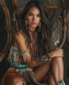 a beautiful young woman sitting on top of a bed wearing native style clothing and jewelry