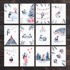 six christmas cards with animals and trees on them