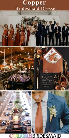 a collage of photos with the words copper, bridesmaid dresses