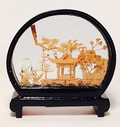 Oriental Mini Cork Sculpture with Cranes and Pagoda Chinese Items, Shadow Box Kunst, House Trees, Chinese Decor, Resin Frame, Shadow Box Art, Black Resin