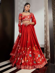 Ridhi Mehra-Rayen Red Embroidered Lehenga Set-INDIASPOPUP.COM Ridhi Mehra, Skirt Silk, Red Flare, Embroidered Crop Tops, Blouse Silk, Red Lehenga, Lehenga Blouse, Skirt And Blouse, Embroidered Skirt