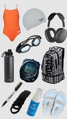 an assortment of items that include swimsuit, sun glasses, flip flops and headphones