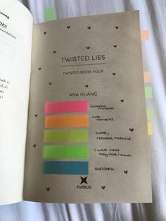 an open book with colored paper on top of it and the words twisted lies in different languages