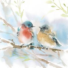 two birds are sitting on a branch in front of watercolor painting style leaves and branches