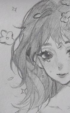 a pencil drawing of a girl with flowers in her hair