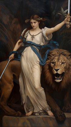 Frederic Leighton Paintings, John Waterhouse Paintings, Angel Woman Drawing, Warrior Woman Painting, William Waterhouse Paintings, Dynamic Lighting Reference, Lion And Woman, Women With Swords, Dramatic Paintings