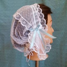 Lacy Daycap with short lappets Elegant Lace Bonnet With Lace Trim, Adjustable Lace Wedding Bonnet, Wedding Bonnet With Lace Trim, Fitted Vintage Bonnet With Lace Trim, Vintage Wedding Bonnet With Lace Trim, Mountain Man Rendezvous, Cap Veil, Period Pieces, Historical Dress