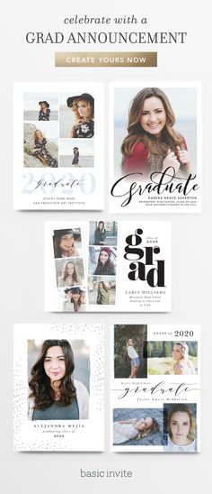 the graduation announcement card is shown with photos and text, which are all in white