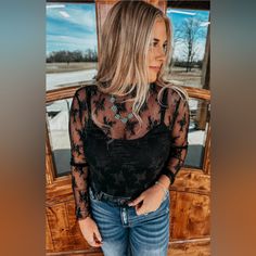 Black Lace See Through Top For Layering Black Sheer Outfit, Lace Under Shirt Outfit, Black Lace Undershirt Outfit, Black Lace Long Sleeve Top Outfits, Styling Lace Top, Lace Mesh Top Outfit, Lacy Tops Outfit, Long Sleeve Lace Top Outfit, Black Lace Shirt Outfit