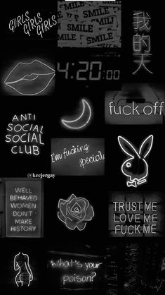 black and white photo with neon signs in the dark, including words that spell out what to