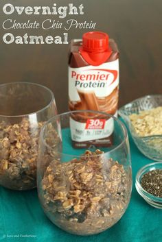 ingredients for overnight oatmeal in bowls on a blue tablecloth with text overlay