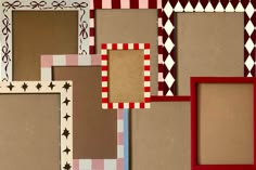 several different colored frames are arranged together on the wall with red and white checkered border