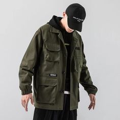 Aonga Size Chart Model Show Men Windbreaker, Cargo Coat, Men's Overalls, Streetwear Jackets, Mens Overalls, Men's Windbreaker, Army Jacket, Cargo Jacket, Hip Hop Streetwear