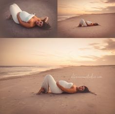 a woman laying on top of a sandy beach next to the ocean in white clothes