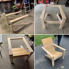 four different pictures of the same chair made out of plywood planks and wood