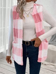 Women's Plaid Pattern Sleeveless Casual Loose Comfortable Regular Jacket Pink Casual  Sleeveless Knitted Fabric Gingham,Plaid Teddy Non-Stretch  Women Clothing, size features are:Bust: ,Length: ,Sleeve Length: Women Coats, Rose Bonbon, Elegant Dresses Long, Mens Plaid, Black Party, Knit Tees, Womens Plaid, Outerwear Women, Plaid Pattern