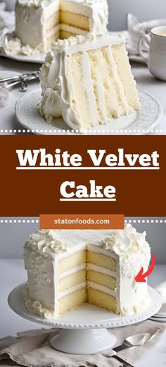 a white velvet cake on a plate with two slices cut out and the words, white velvet cake above it