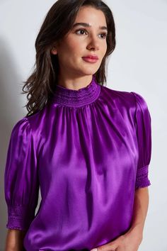 Short Sleeve Silk Satin Smocked Shirt – Elie Tahari Satin Short Sleeve Shirt, Smocked Shirt, Satin Short Sleeve, Satin Short, Long Sleeve Short Dress, Elie Tahari, Satin Top, Knit Tees, Denim Coat