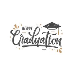 the words happy graduation written in cursive writing with a mortar cap on top