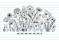 a drawing of flowers on lined paper with the words svg dxf and png