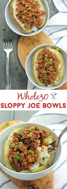 two bowls filled with sloppy joe bowls on top of a wooden cutting board next to a fork