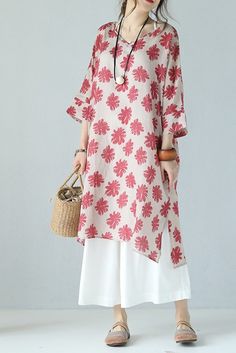 Fabric:                  Fabric has no stretchSeason:                SummerType:                     Dress Sleeve Length:     3/4 sleeveColor:                    PinkDresses Length:   Knee LengthStyle:                     Cas Linen Long Dress, Long Dress Plus Size, Cute V, Pink Long Dress, Long Linen Dress, Dress Sleeve Length, Cotton Linen Dresses, Mode Casual, Silk Linen