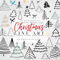 christmas trees and bows clipart set with hand drawn lettering on white paper, for commercial use