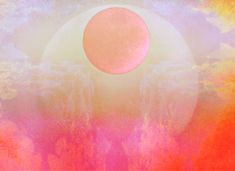 an abstract painting with the sun and clouds in pink, orange, yellow and blue