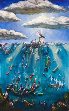 a painting of trash floating in the ocean with a seagull sitting on top