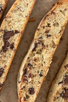 three pieces of bread sitting on top of a piece of parchment paper next to each other