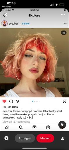 Fashion Color Hair Short, Dyed Bob With Bangs, Uncommon Hair Colors, Alt Aesthetic Hair, Whimsical Short Hair, Block Color Curly Hair, Red And Peach Hair, Short Ginger Hair With Blonde Streak, Blonde Hair Red Roots