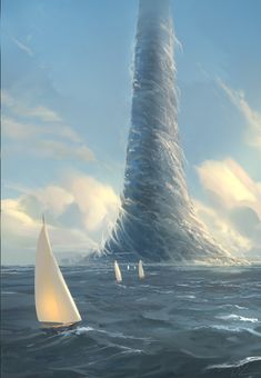 there are many sailboats in the water near a tall tower that is rising into the sky