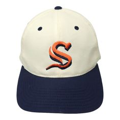 Syracuse Orange University Snapback Cap Vintage 90s Embroidered Logo Baseball Hat - Vintage pre-owned condition. Wear to the headband (photo 5). - Approximate size: Adjustable Snapback. - Color: Blue visor; White panels - Material: Cotton, Polyester - Please see all photos for further description and condition. If you need additional photos please ask as Etsy only allows for 10. Retro Snapback Baseball Cap With Embroidered Logo, Vintage Yellow Snapback Baseball Cap, Vintage Orange Snapback Hat, Vintage Blue Snapback Hat, Vintage Pre-washed Snapback Hat, Logo Hat, Logo Baseball, Baseball Hat, Snapback Cap