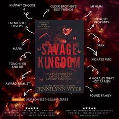 the book cover for savage kingdom by jennyn williams weir, with information about it