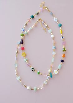 Colorful Beaded Friendship Necklace, Flower Necklace, Multicolored Necklace, Choker Necklace, Layering Necklace, Semiprecious Bead Necklace - Etsy Friendship Necklace, Gelang Manik, Necklace Flower, Necklace Layering, Friendship Necklaces, Gold Bead Necklace