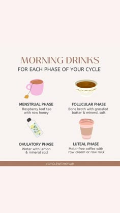 “Save” this post to remember during each phase🥰  Here’s a little explanation for each one👇🏼  MENSTRUAL PHASE🩸  During this phase when we’re feeling a little 🥴, reducing inflammation can help so much!! Raspberry leaf tea is anti inflammatory and hormone supportive! And the raw honey will also help bring some microbial goodness to our gut  FOLLICULAR PHASE🌸  This is a great fast to stay high fat and lower carb, but micronutrients are still (always) vitally important. Bone broth is packed with nutrients & adding the grassfed butter will be a great boost of healthy fats for the body. This phase is also naturally high energy which is why we don’t really need caffeine!  OVULATORY PHASE⚡️  A great phase for longer fasts and high energy! Some lemon water with mineral salt will keep your e Tea For Each Cycle Phase, Teas For Each Cycle Phase, Follicular Phase Herbs, Ovulatory Phase Snacks, Tea Cycle Syncing, Tea For Follicular Phase, Menstrual Cycle Drinks, Tea For Cycle Phases, Follicular Phase Drinks