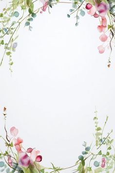 the frame is made up of watercolor flowers and greenery on a white background