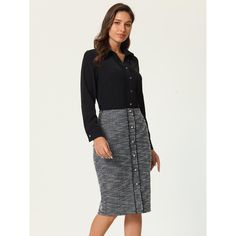 STYLE - Keep your look casual and elegant in summer weather with this tweed skirt from Hobemty, featuring a pencil skirt with tweed fabric, high waist, button decor, and knee length. OUTFIT - Comfortable and classic, pair with a semi-formal shirt and heels for a chic office look. OCCASION - Focused on Ladies' Semi-Formal Wear - This skirt can be a perfect addition to almost any outfit from formal to daily wear, great for work, meetings, office, businesses, work, parties, cocktails, weddings, casual, daily dressing, etc. Tweed Midi Skirt, Outfit Comfortable, Work Parties, Work Meetings, Semi Formal Wear, Bodycon Pencil Skirt, Button Decor, Womens Tweed, Bodycon Midi Skirt