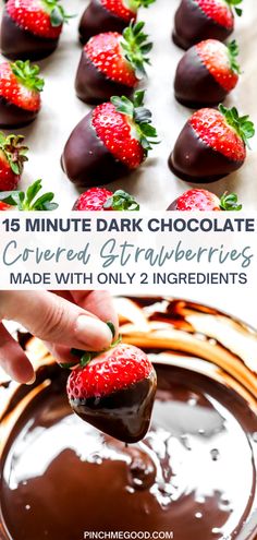 chocolate covered strawberries are being dipped with dark chocolate