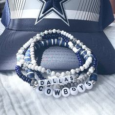 🏈 Who loves football? Are you a Cowboys fan? Show your team spirit with this fun bracelet set! Great for gift giving!! Lightweight and oh so comfy to wear. Available as a 3 or 4 piece set. The 4 piece set includes faceted crystals to make it super sparkly! Each piece is handmade with: - High Quality Glass Seed Beads - Heishi Vinyl Beads - Faceted Rondelle Crystals (in 4 piece set) - White/Black Acrylic Round and Cube Letter Beads - Stretch Cord: High-quality cord with reinforced knots Easily la Tiny Bead Bracelet, Statement Bracelets, Small Bead Bracelet, Fun Bracelet, Stackable Bracelets, Letter Beads, Bead Bracelets, Black Acrylic, Statement Bracelet