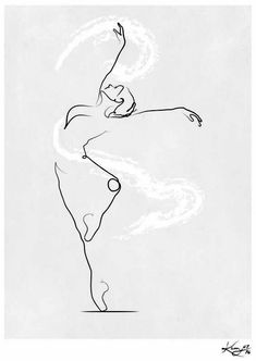 a black and white drawing of a ballerina in the air with her arms outstretched