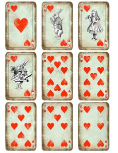 playing cards with red hearts and alice in wonderland characters on them, all arranged in the same pattern